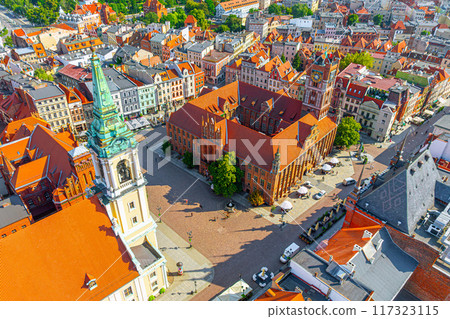 Aerial panoramic view of historical buildings and roofs in Polish medieval town Torun 117323115