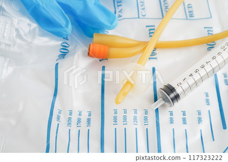 Foley catheter and urine drainage bag collect urine for disability or patient in hospital. 117323222