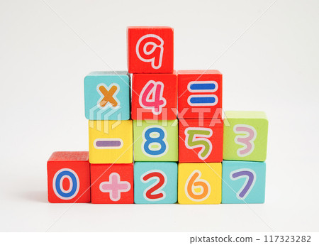 Number wood block cubes for learning Mathematic, education math concept. Number wood block cubes for learning Mathematic, education math concept. 117323282