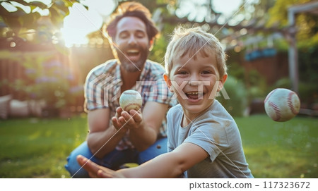 Joyful father and son playing baseball in a sunlit garden, sharing a moment of fun and bonding. Joyful father and son playing baseball in a sunlit garden, sharing a moment of fun and bonding. 117323672