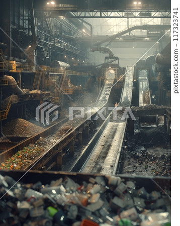 A steady stream of recyclable materials on a conveyor belt in a large industrial recycling facility. A steady stream of recyclable materials on a conveyor belt in a large industrial recycling facility. 117323741