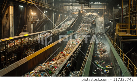 Inside the industrial hall of a recycling plant where endless streams of waste are sorted. Inside the industrial hall of a recycling plant where endless streams of waste are sorted. 117323742