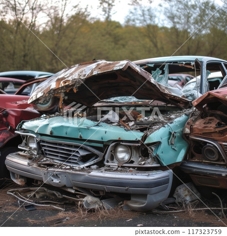 Old and rusted cars abandoned in the woods, slowly being reclaimed by nature. 117323759