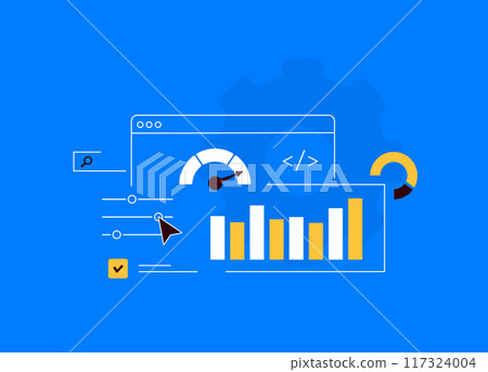 Website performance testing with speed checking, load time, technical seo optimization, analytics, site monitoring. Illustration for web development, SEO and digital performance analysis visuals Website performance testing with speed checking, load time, technical seo optimization, analytics, site monitoring. Illustration for web development, SEO and digital performance analysis visuals 117324004