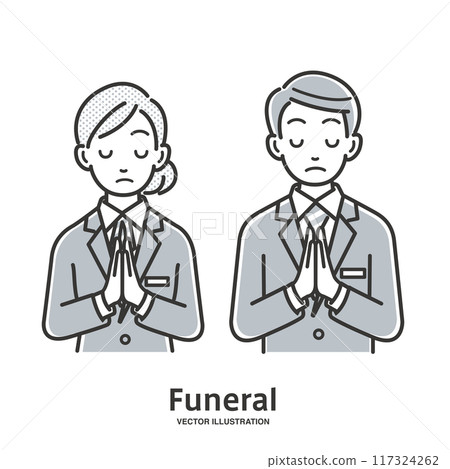 Male and female staff of a funeral parlor joining hands Male and female staff of a funeral parlor joining hands 117324262
