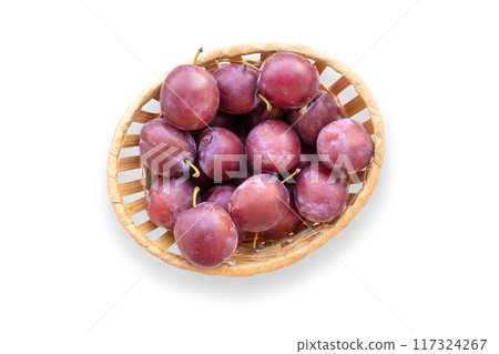 Fresh ripe plums on white background, top view. Fresh ripe plums on white background, top view. 117324267