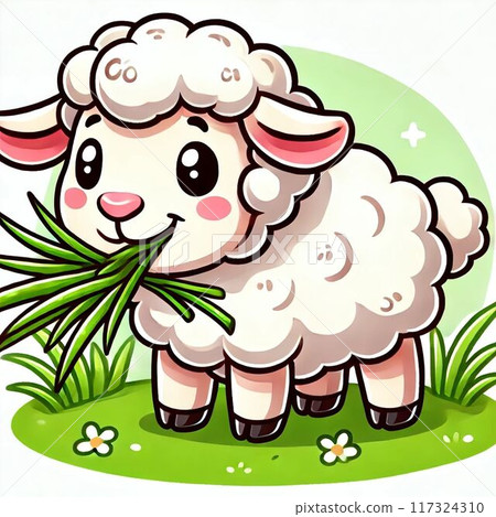 Illustration of sheep eating grass in a meadow 117324310