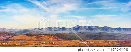 panorama of romania countryside in morning light. distant ridge. autumnal landscape in mountains. grassy field and rolling hills. rural scenery panorama of romania countryside in morning light. distant ridge. autumnal landscape in mountains. grassy field and rolling hills. rural scenery 117324408