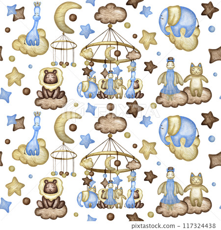 Seamless pattern with angel, lion, girafffe, cat, elephant clouds, moon and stars. Watercolor illustration. Creative childish texture for fabric, wrapping, textile, wallpaper, apparel. 117324438