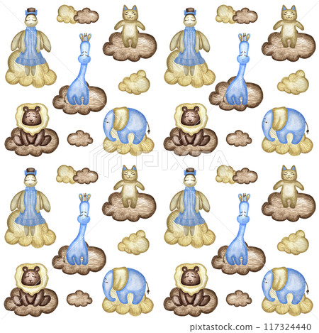 Seamless pattern with angel, lion, girafffe, cat, elephant clouds, moon and stars. Watercolor illustration. Creative childish texture for fabric, wrapping, textile, wallpaper, apparel. 117324440