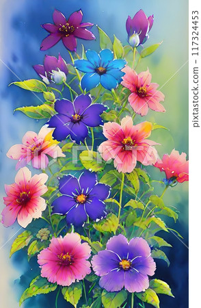 The image portrays a collection of watercolor flowers painted in soft shades of pink and orange, each with a distinct yellow or orange center 117324453
