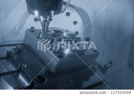 The 5-axis CNC milling machine  cutting the mold part with solid ball nose end mill tool in the light blue scene. 117324599