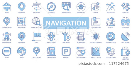 Navigation icons set in duotone outline stroke design for web. Pack pictograms of home, pin point, compass, map, search, wind rose, route, mountains, gps tracking, forest, other. Vector illustration. 117324675