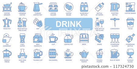 Drink icons set in duotone outline stroke design for web. Pack pictograms of coffee grinder, turkish pot, beans, milk glass, bottle water, electric kettle, beer, wine, other. Vector illustration. Drink icons set in duotone outline stroke design for web. Pack pictograms of coffee grinder, turkish pot, beans, milk glass, bottle water, electric kettle, beer, wine, other. Vector illustration. 117324730