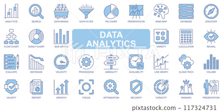 Data analytics icons set in duotone outline stroke design for web. Pack pictograms of search, mining, filter, pie chart, presentation, mind map, database, discover, flow, other. Vector illustration. 117324731