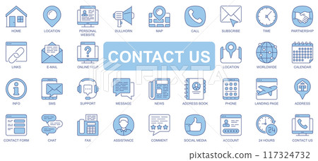 Contact us icons set in duotone outline stroke design for web. Pack pictograms of home, location, bullhorn, map, call, subscribe, time, partnership, links, email, message, other. Vector illustration. 117324732