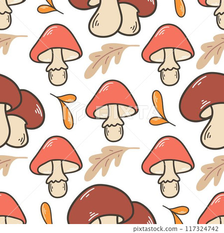 Autumn forest background with mushrooms and leaves 117324742
