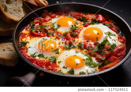 shakshuka on the table in reataurant on dark background. 117324911