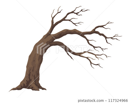 Old dead tree. Hand draw leafless trunk. Winter or autumn season plants icon, dry naked branch silhouette. Nature ecology problems concept. Isolated vector illustration 117324966
