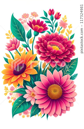 The flowers are arranged in a lush cluster, presenting a spectrum of colors from pink to orange, yellow, and purple The flowers are arranged in a lush cluster, presenting a spectrum of colors from pink to orange, yellow, and purple 117324981