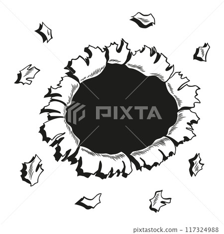 Comic book hole in coloring style. Vector paper is torn through boom explosion. Circle hole in the middle on color background. Comic style cover template or flyer wallpapers Comic book hole in coloring style. Vector paper is torn through boom explosion. Circle hole in the middle on color background. Comic style cover template or flyer wallpapers 117324988
