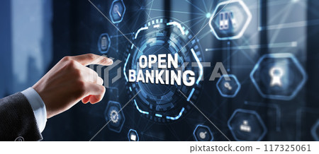 Businessman is touching hologram open banking. Technology Finance concept Businessman is touching hologram open banking. Technology Finance concept 117325061
