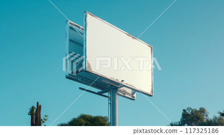 Blank white billboard mock up in bustling urban area during bright daylight hours. Generative AI 117325186