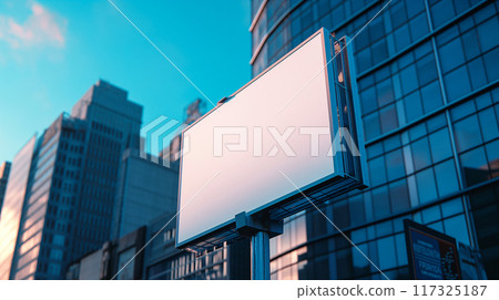 Blank white billboard mock up in bustling urban area during bright daylight hours. Generative AI 117325187