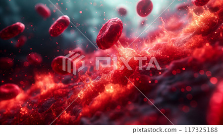 Vibrant 3D background with red blood cells flowing through dynamic environment. Generative AI 117325188