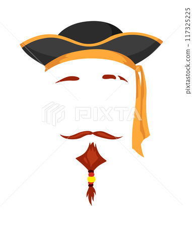 Pirate mask. Cartoon face decoration - hat, beard and mustache. Party accessories, head costume concept. Decoration item for your selfie photo, video chat filter or photo booth Pirate mask. Cartoon face decoration - hat, beard and mustache. Party accessories, head costume concept. Decoration item for your selfie photo, video chat filter or photo booth 117325225