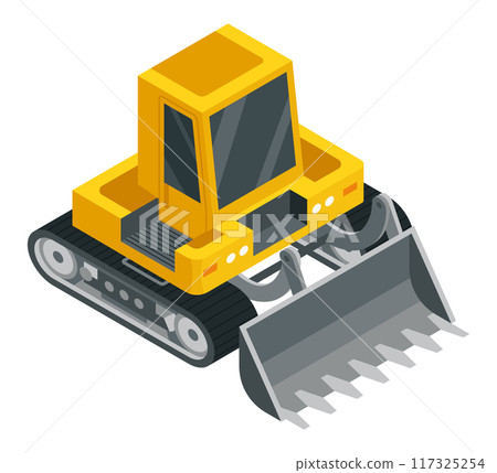 Construction machinery isometric icon, bulldozer. Symbol representing heavy mining or road industry. Career and construction transport. Vector illustration 117325254