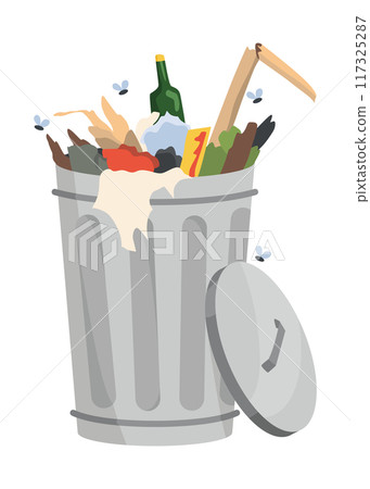 Garbage or waste icon. Metal garbage container with unsorted trash. Rubbish that smells ugly and started to decompose. Ecology and environment concept. Isolated on white background. 117325287