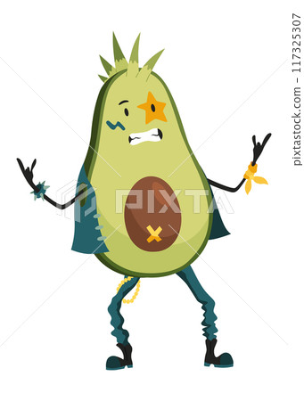 Avocado character with happy emotions. Cheerful vegetable person. Avocado super hero funny cartoon character. Vector flat illustration 117325307