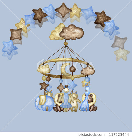 Watercolor cute baby illustration. Funny kids toys illustration. Watercolor invitation card template. Watercolor cute baby illustration. Funny kids toys illustration. Watercolor invitation card template. 117325444