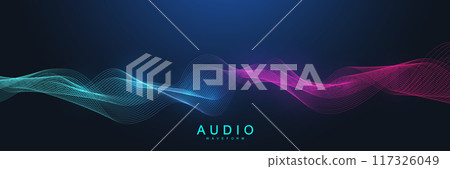 Music poster for electronic festival with abstract gradient line waves. Party flyer cover design in the style of Techno, Rave music. Abstract amplitude of sound. Vector Illustration Music poster for electronic festival with abstract gradient line waves. Party flyer cover design in the style of Techno, Rave music. Abstract amplitude of sound. Vector Illustration 117326049