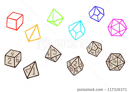DND dice, set of tabletop board game. Cartoon sticker. Adventure boardgame with d20 and d12 sticker 117326371