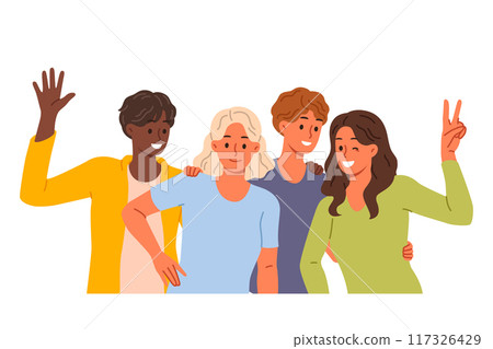Multiethnic people pose for group portrait with friends during friday night party 117326429