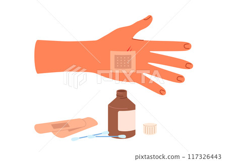 Patch on palm and medicinal ointment in glass bottle help stop bleeding and avoid blood poisoning 117326443