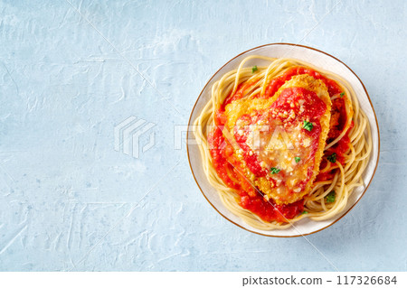 Chicken Parmesan, Italian pasta dish. Breaded chicken breast with cheese 117326684
