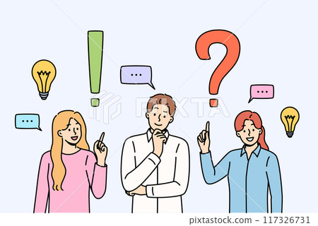Collective brainstorming among business people looking for solution to complex problem 117326731