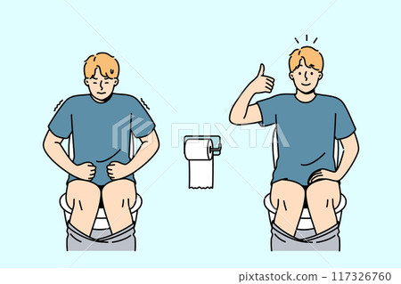 Diarrhea or constipation in man sitting on toilet and in pain, or showing thumbs up Diarrhea or constipation in man sitting on toilet and in pain, or showing thumbs up 117326760