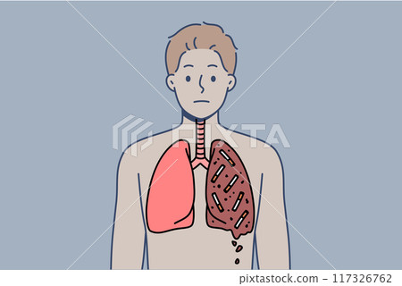 Man smoker with destroyed lungs is forced to suffer due to addiction to tobacco and nicotine 117326762