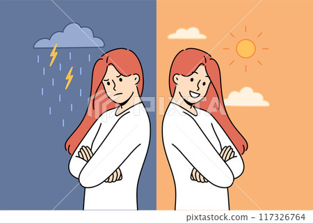 Emotional swing of woman who feels angry during rain and rejoices after sun comes out 117326764