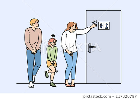 Line to toilet from family who had eaten expired food, standing near door to restroom 117326787