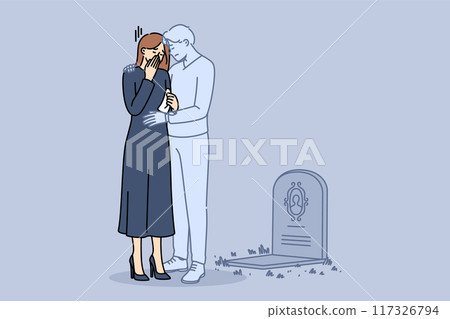Ghost of husband supports widow crying at grave of deceased groom and suffering from loneliness 117326794