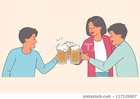 Beer party with group of friends holding mugs of foamy drink while visiting bar or tavern 117326907