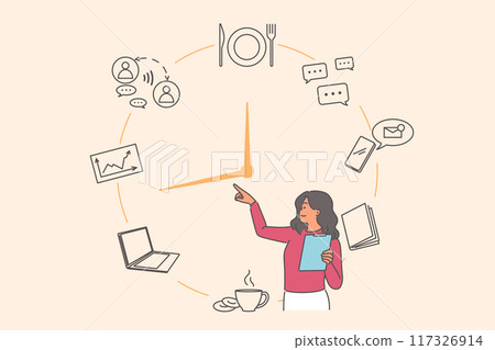 Business woman is engaged in time management to increase work productivity, standing near big clock 117326914