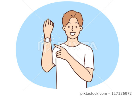 Smiling man point at wristwatch Smiling man point at wristwatch 117326972