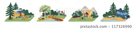 Camping on river bank, in forest and mountains scenes set 117326990