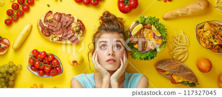 Woman Deciding Between Healthy and Junk Food 117327045